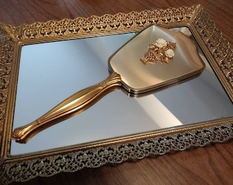 Large goldtone rose vanity mirror/dresser vanity tray and hand mirror hollywood regency 1950's