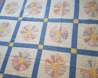 Colorful blue/yellow handmade feedsack dresden plate quilt full size floral quilt 92 x 76 free shipping U.S only