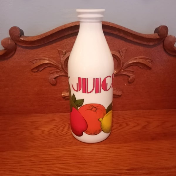 Milk glass juice carafe with fruit motif by Egizia Co. White milk glass fruit design apples and oranges MCM kitchen accessories