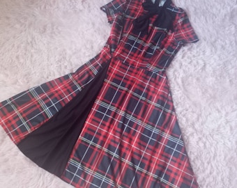 1960s mod fashion fit and flair Red and black plaid dress size 6 or 26 waist with cap sleeves vintage clothing special occasion