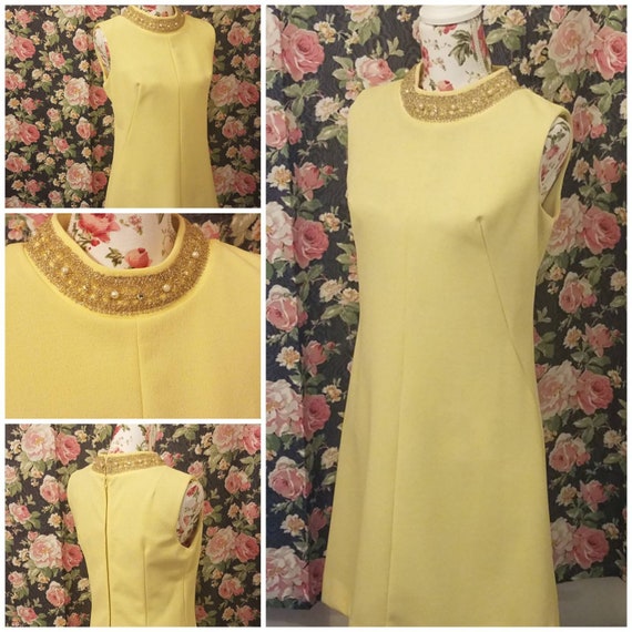 60s Yellow mod A line polyester dress size 12 sle… - image 2
