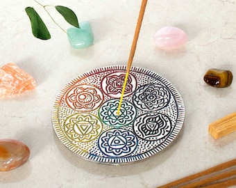 RAINBOW CHAKRA INCENSE holder - Round Silver Incense Stick Holder, chakra metal plate, Spiritual, altar, ritual tools, magical holder