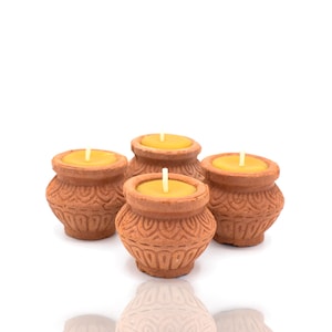 DIYA BEESWAX CANDLES, Matka Diya, diwali tealights, natural pure wax blend, set of 4, gift set, Traditional Indian Terracotta Clay Pots