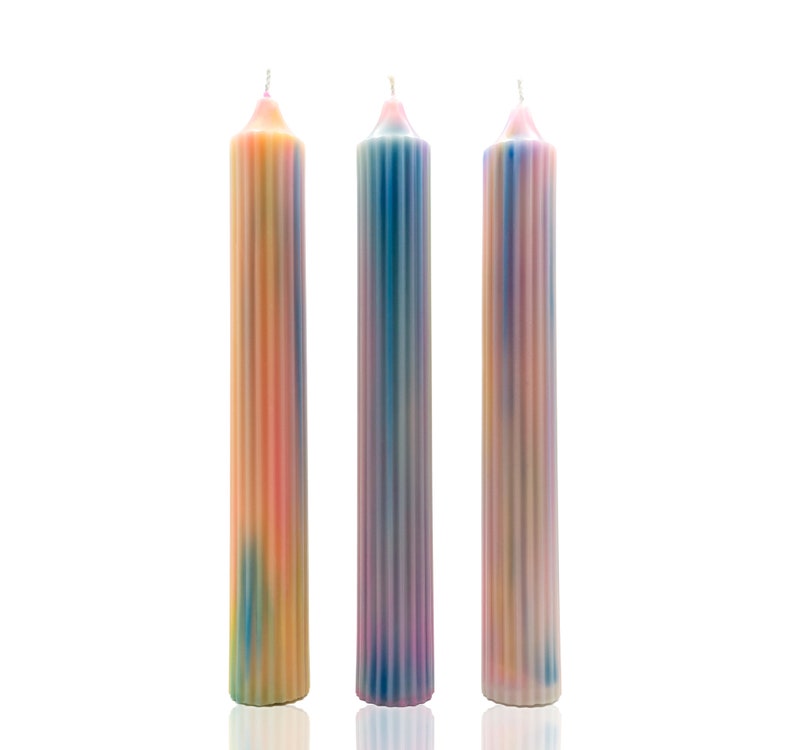 Tall RIDGED multi-coloured PASTEL Candle, Ribbed Ombre Effect, Vegan, Rainbow blended image 2