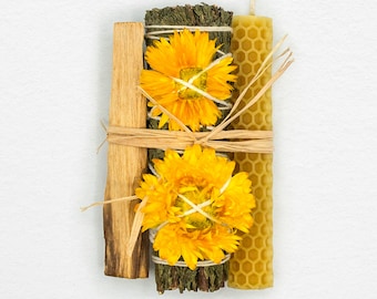 Cedar Smudge Stick + Palo Santo + Honeycomb Beeswax Candle + Dried Wild Yellow Flowers - Energy Cleansing Ritual Kit