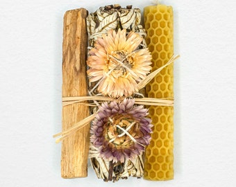 Yerba Santa Smudge Stick + Palo Santo + Honeycomb Beeswax Candle + Dried Pink Flowers - Energy Cleansing Ritual Kit