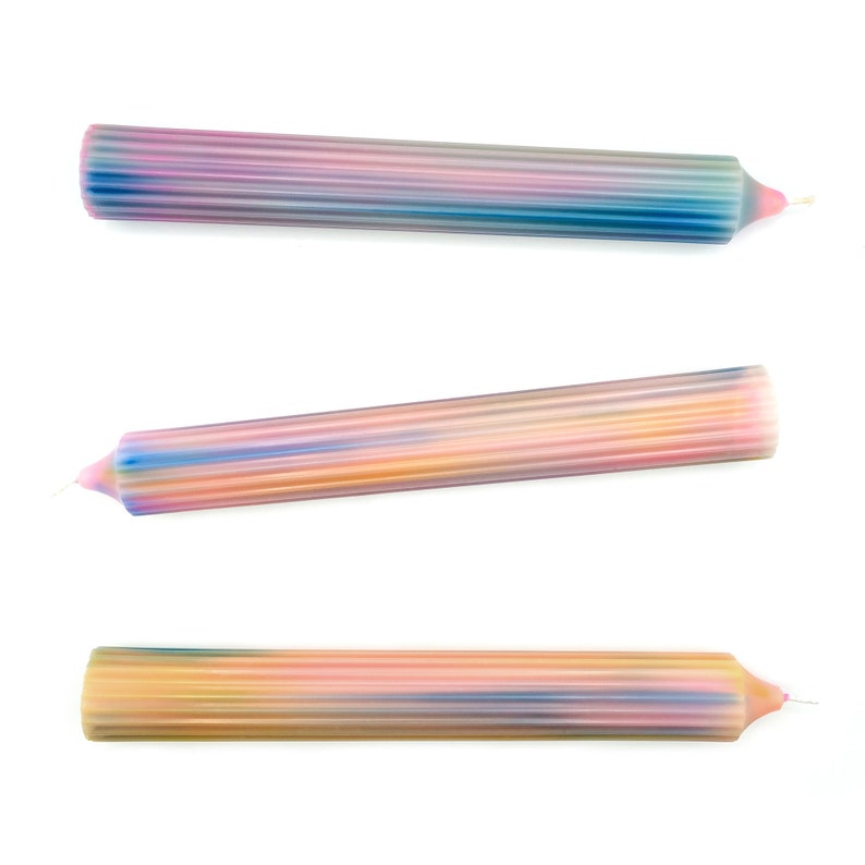 Tall RIDGED multi-coloured PASTEL Candle, Ribbed Ombre Effect, Vegan, Rainbow blended image 4