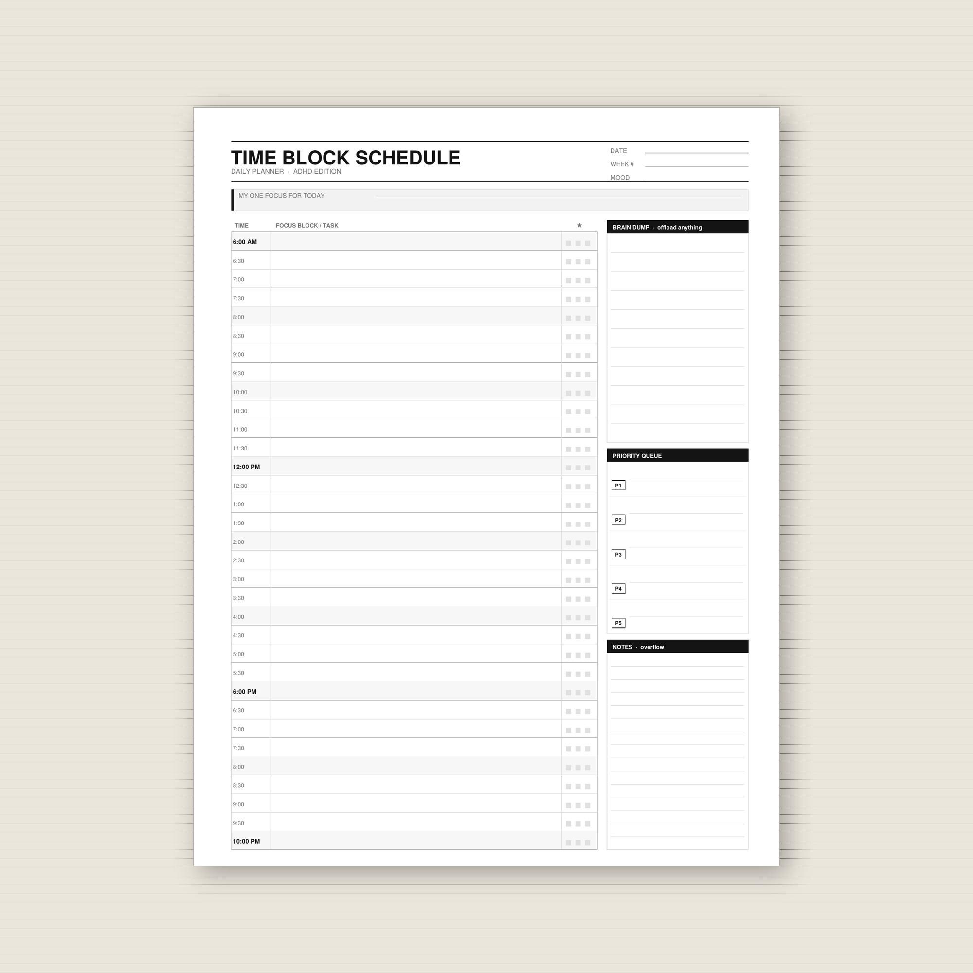 ADHD Daily Planner Printable | Time Block Schedule | Brain Dump ...