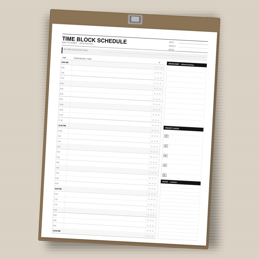 ADHD Daily Planner Printable | Time Block Schedule | Brain Dump ...