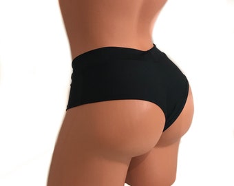 Shorts negros elásticos de tiro medio con corte brasileño: Pole Dance, Rave, Burlesque