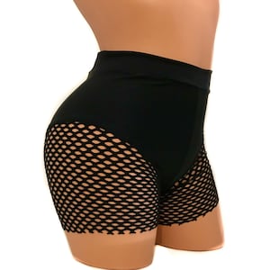 High-Waisted Black Lycra/Fishnet Biker Shorts Pole Fitness Dancing Twerk Rave Festive Burlesque Strippers Shows Wear Showgirls Clubbing