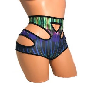 Purple vibration High-Waisted Shorts With Cut Outs Pole Dancing Fitness Ravers Twerk Strippers Performance Exotic Aerial Hoop Dancewear