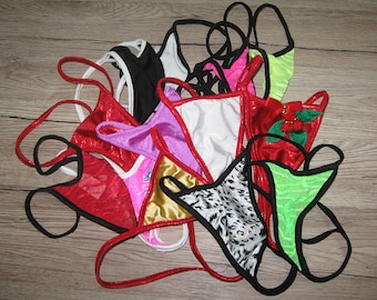 Set of 13 Sexy Multi Coloured Mini Thongs G-strings with a V-dip Pole Dancing Fitness Festive Performance Burlesque Shows Twerk Rave Wear