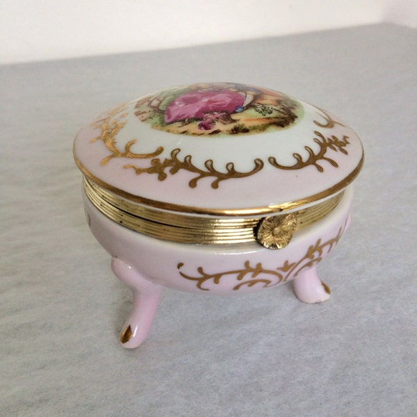 Victorian Scene Porcelain Trinket Box with Brass Trim