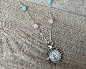 Feather Leaf Charm Necklace, Pastel Beaded Necklace, Light Pink and Blue Jewelry, Silver Pendant Necklace, Gift for Her, Under 70 Dollars