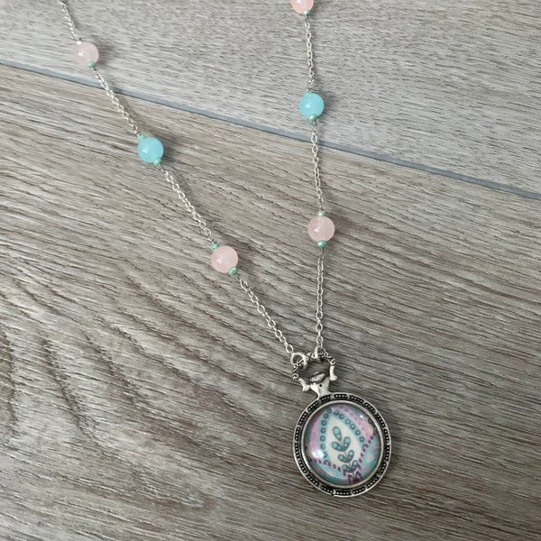 Feather Leaf Charm Necklace, Pastel Beaded Necklace, Light Pink and Blue Jewelry, Silver Pendant Necklace, Gift for Her, Under 70 Dollars