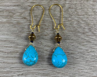 Gold Blue Teardrop Earrings, Turquoise Howlite Jewelry, Statement Dangle Earring, Gift for Trendy Friend