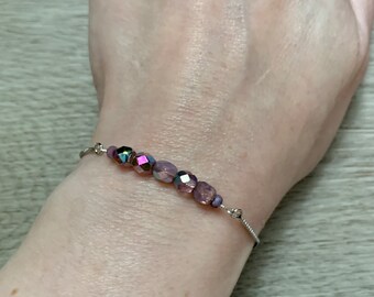 Lilac Purple Bracelet, Summer Bracelet, Czech Glass Jewelry for Her, Dainty Jewelry, Adjustable Silver Bracelet, Bridesmaid Gift for Her
