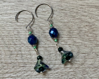 Blue Green Silver Earrings, Fall Floral Earrings, Flower Earrings, Dangle Earrings, Bohemian Earrings, Woodland Jewelry, Autumn Gift For Her