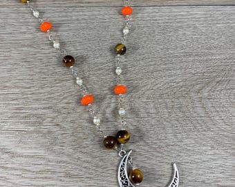 Orange Brown Cream Crescent Moon Necklace, Tiger Eye Gemstone Necklace, Colorful Wire Wrapped Czech Glass, Fall Winter Space Jewelry