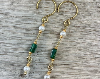 Green White Earrings, Emerald Pearl Wedding Jewelry, Female May Birthstone Gift