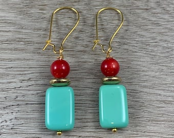 Red Gold Opaque Sea Green Czech Glass Dangle Earrings: Colorful Spring Summer Jewelry