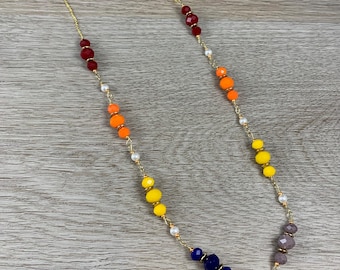 Rainbow Glass Pearl Necklace, Charm Necklace, 31 Inch Layering Necklace, Pride Summer Jewelry
