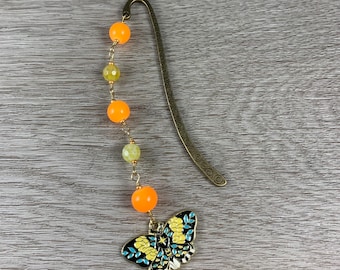 Gold Butterfly Bookmark, Bronze Bookmark, Book Club Gift, Bright Orange Yellow Colorful Beaded Planner Accessory, Garden Lover Gift