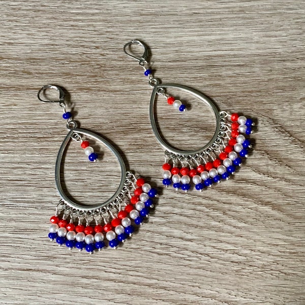 Red White Blue Earrings, Silver Teardrop Dangle Earrings, Summer Bohemian Jewelry, Beaded Chandelier Earrings, Gypsy Chandelier Earring