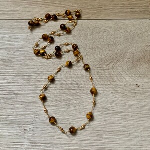 Tiger Eye Gemstone Necklace, Long Brown Gold Jewelry, Beaded Fall Necklace, 34 Inch Statement Necklace, Unisex Necklace,Wire Wrapped Jewelry