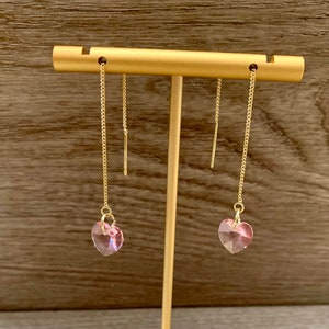 Light Pink Swarvoski Heart Threaders, Genuine Gemstone Beaded Earrings, Dainty 18 kg Jewelry Gift, Statement Gift for Her, Valentines Gift