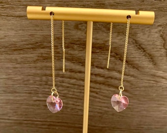 Light Pink Swarvoski Heart Threaders, Genuine Gemstone Beaded Earrings, Dainty 18 kg Jewelry Gift, Statement Gift for Her, Valentines Gift