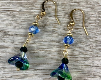 Spring Floral Earrings, Green Blue Silver Earrings, Flower Earrings, Dangle Earrings, Bohemian Earrings, Woodland Jewelry, Gift For Her