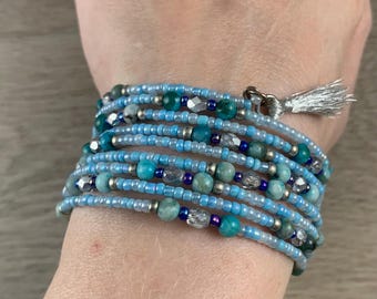 Blue Silver Wrap, Wrap Bracelet, Summer Jewelry, Memory Wire Wrap, Tassel Bracelet, Beaded Jewelry, Teen Jewelry