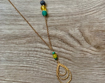 Gold Teardrop Charm Necklace, Teen Charm Necklace, Spring Jewelry, Yellow Turquoise Blue Necklace