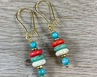 Summer Colorful Earrings, Gold Blue Earrings, Pink Green Earrings, Drop Dangle Earring, Beaded Jewelry, Bohemian Jewelry, Gift for Teen Girl