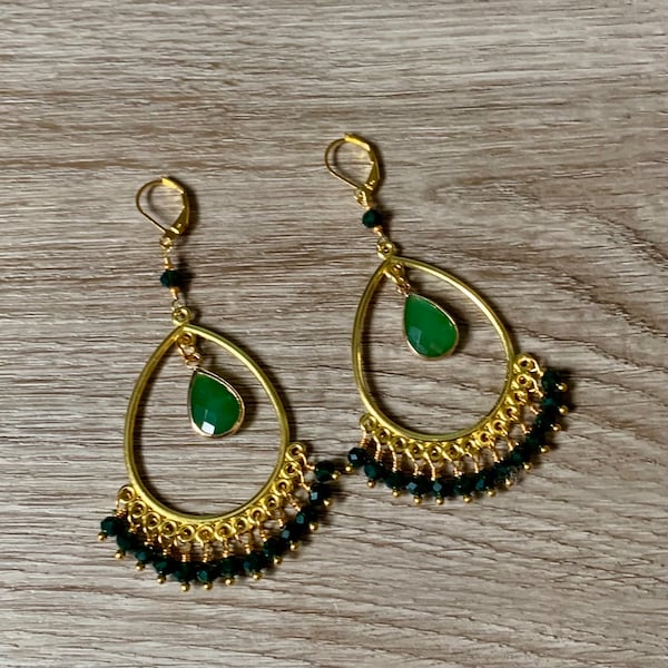 Green Gold Earrings, Gold Teardrop Dangle Earrings, Bohemian Beaded  Chandelier Earrings, Emerald Gemstone Jewelry, Gypsy Chandelier Earring