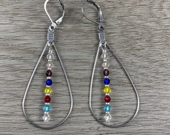Silver Rainbow Teardrop Earrings, Silver Jewelry, Statement Earrings, Gift for Her, Trendy Bohemian Jewelry, Colorful Summer Pride Jewelry