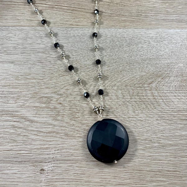 Black Onyx Necklace, Black Silver Czech Glass Winter Jewelry, Single Strand Necklace, Minimal Jewelry, Classic Wedding Jewelry