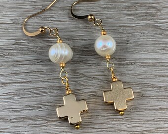 Mini Gold Cross Earrings, Dainty Freshwater Pearl Jewelry, Religious Gift for Her