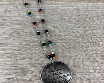 Follow Your Arrow Charm Necklace, 28 Inch Black Colorful Rainbow Czech Glass Wrapped Jewelry, Dainty Minimal Jewelry, Long Layering