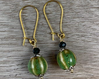 Olive Green Ceramic Earrings, Mixed Metal Earrings Jewelry, Fall Garden Earth Jewelry