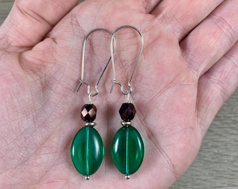 Spring Light Teal Green Brown Earrings, Czech Glass Womens Fall Dangle Earrings, Autumn Beaded Bohemian Jewelry
