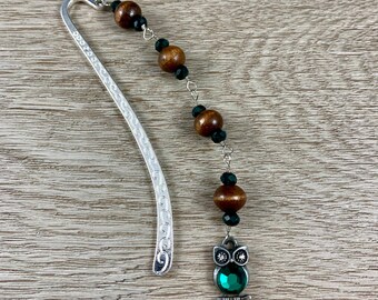 Owl Charm Bookmark, Silver Teal Wood Bookmark, Nature Book Club Gift, Beaded Planner Accessory