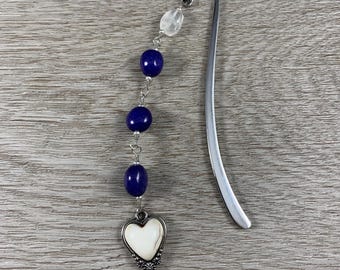 Cream Heart Beaded Bookmark, White Blue Silver Bookmark, Book Club Gift, Planner Accessory