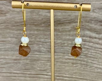 Light Red Gold Pearl Earrings, Faceted Rulitated Quartz, Natural Gemstone Fall Dangle Earrings
