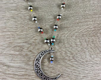 Silver Crescent Moon Necklace, Rainbow Seed Bead Necklace, Colorful Wire Wrapped Acrylic Jewelry, Winter Space Jewelry