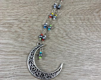 Grey Crescent Moon Necklace, Rainbow Seed Bead Necklace, Colorful Wire Wrapped Czech Glass, Winter Space Jewelry
