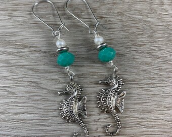 Silver Seahorse Earrings, Bright Colorful Earrings, Summer Ocean Earrings