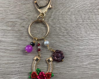Horse Shoe Key Chain, Flower Good Luck Key Chain, Colorful Planner Accessory, House Warming Gift, New Driver Gift,New Apartment Gift for Her